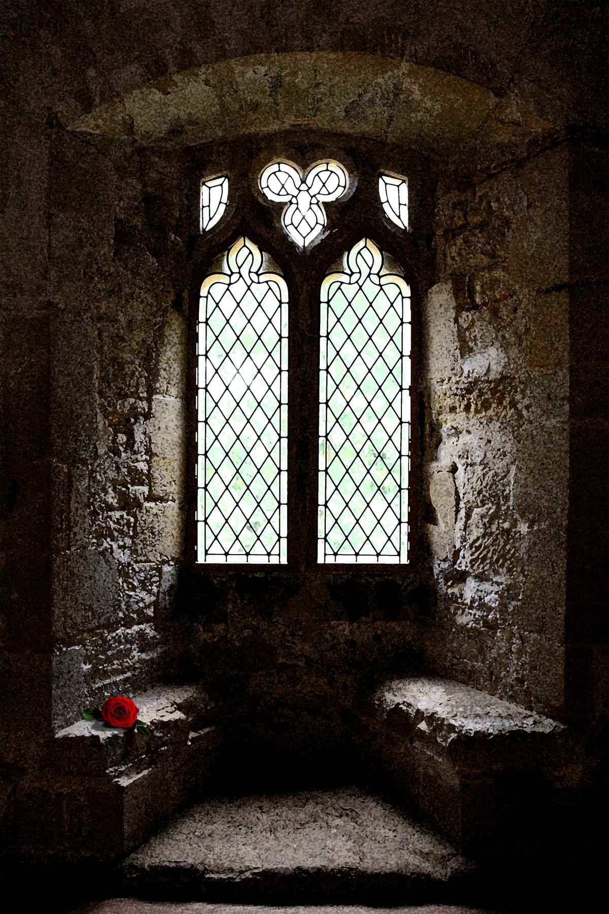 Burg-Fenster mit Rose