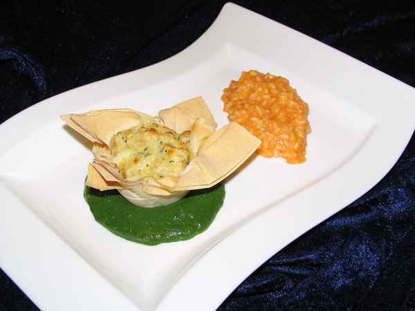 Galadiner: Soufflierter Käseknödel - Paprika-Ziegenkäse-Risotto 01