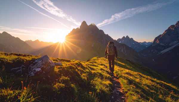 Wanderer in den Bergen bei Sonnenaufgang