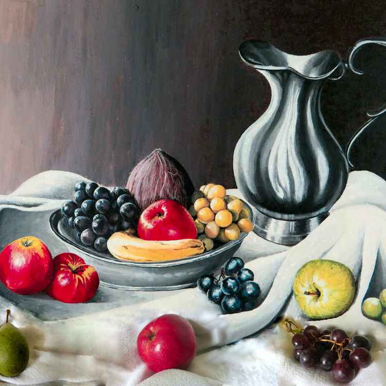 Collage mit einem selbst gemalten Bild und echtem Obst!