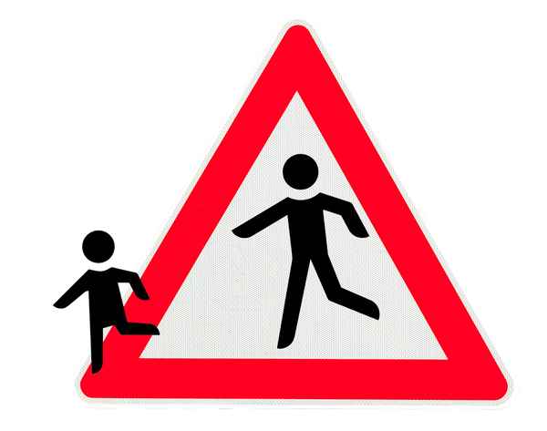 Kind rennt aus einem Warnschild