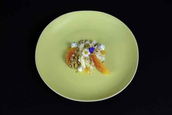 Fenchelcarpaccio mit Orange, Walnuss und Frischkäse