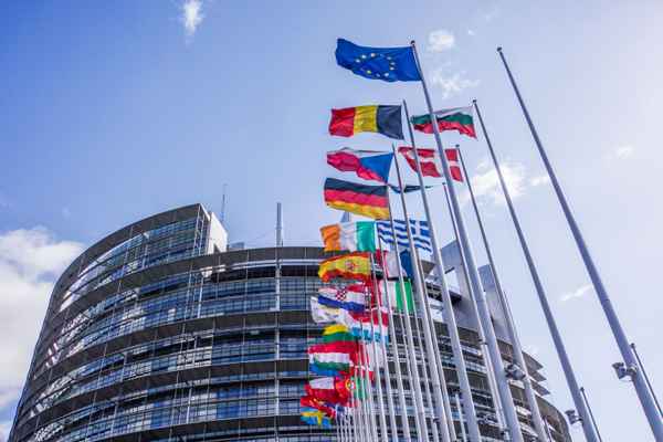 Europaflaggen vor Europ. Parlament in Straßburg