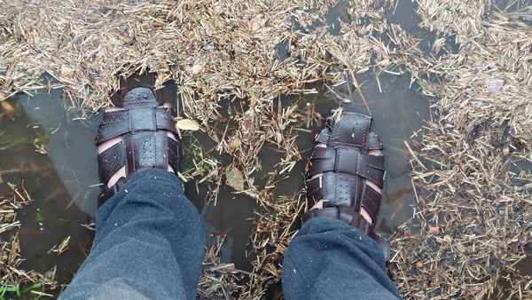 MAnn steht mit braunen Sandalen in Pfütze