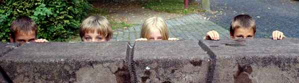 8 Augen über die Mauer schauend