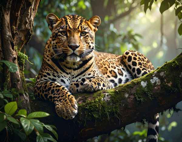 Leopard ruht auf Baum im Urwald