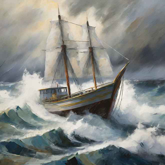 Kleines Boot im Meer bei st&uuml;rmischen Wetter mit hohem Seegang