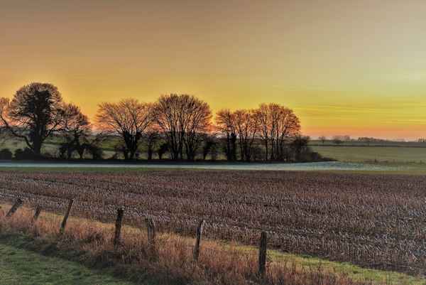 Die Sonne schwindet hinter Wiesen und Feldern