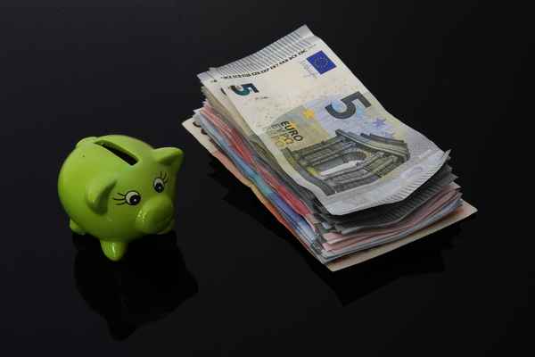 Schwein vor Geldstapel (schwarz)