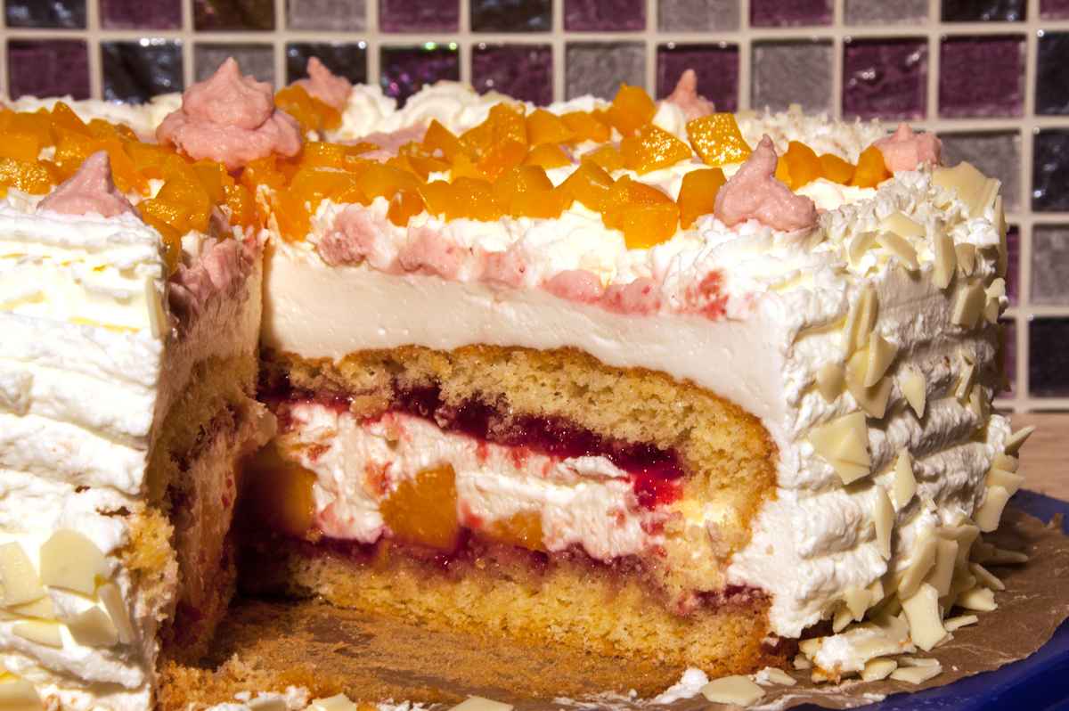 Buttermilch-Pfirsich-Himbeer-Torte