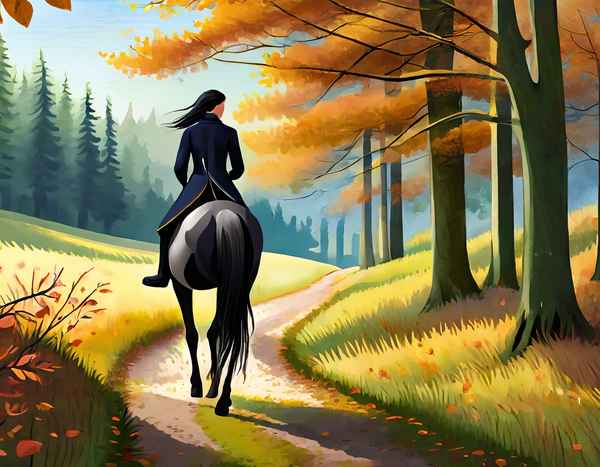 Reiterin auf herbstlichem Waldweg