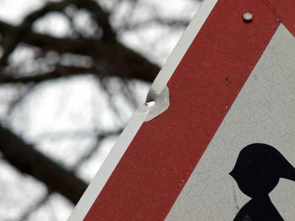 Verkehrsschild "spielende Kinder" mit Einschussloch