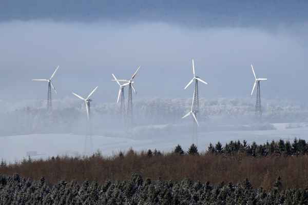Windräder zwischen Nebel und Rauhreif