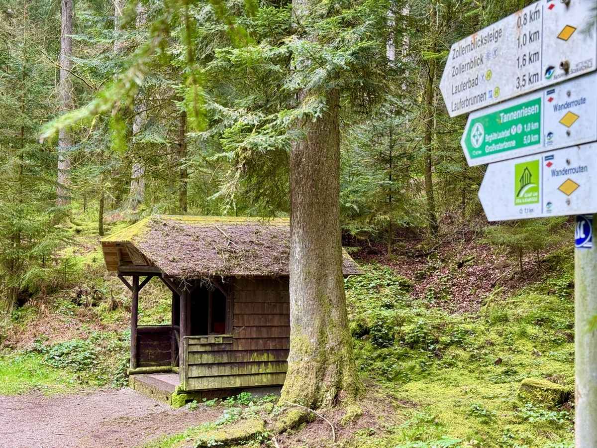 Köhlerhütte mit Wanderwegweiser