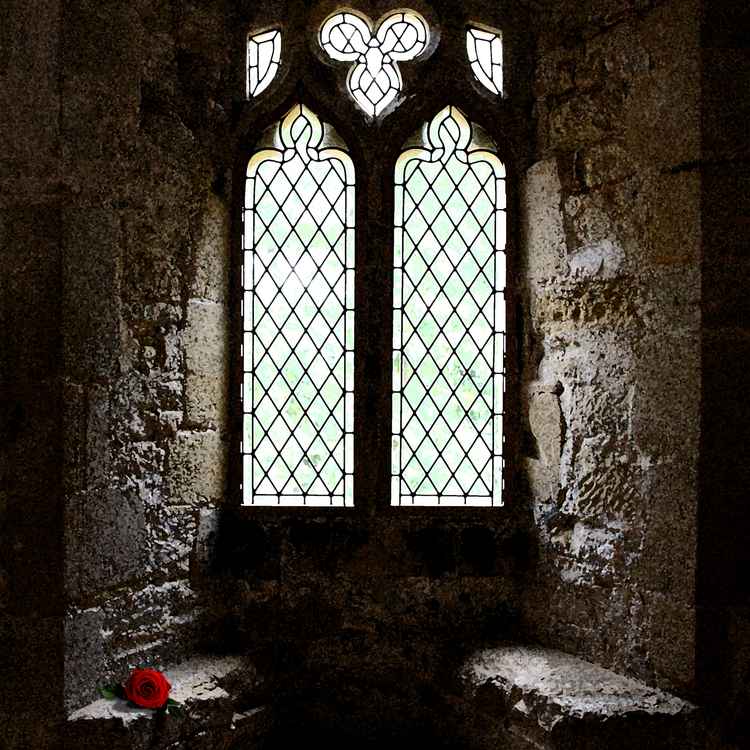 Burg-Fenster mit Rose