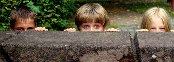 6 Augen über die Mauer schauend